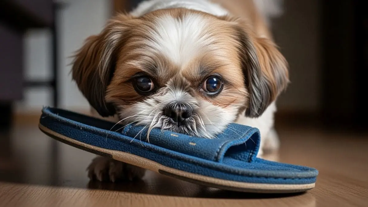 Shih Tzu rosnando para o dono com um olhar fixo e intenso, segurando um chinelo azul na boca, demonstrando proteção e conexão com o tutor em um ambiente doméstico.