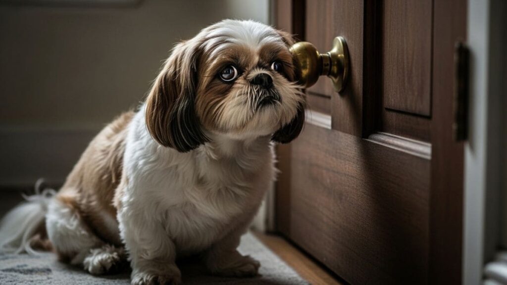 Shih Tzu segue o dono até a porta, sentado pacientemente sobre um tapete com olhos expressivos fixos na maçaneta, demonstrando lealdade e vínculo com o tutor em um ambiente doméstico.