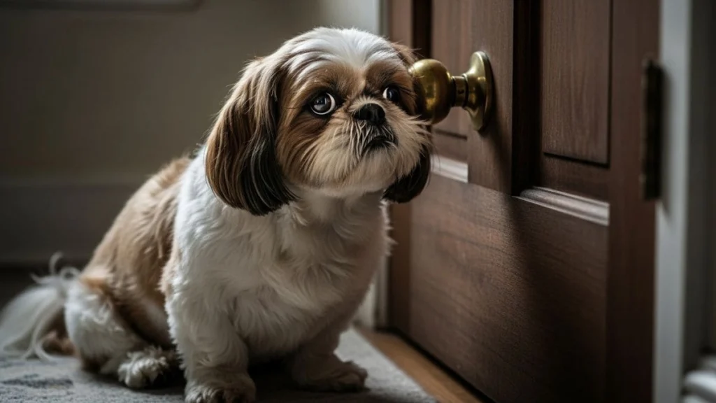 Por que o Shih Tzu segue o dono? Entenda a Síndrome da Sombra 3 Shih Tzu segue o dono até a porta, sentado pacientemente sobre um tapete com olhos expressivos fixos na maçaneta, demonstrando lealdade e vínculo com o tutor em um ambiente doméstico.