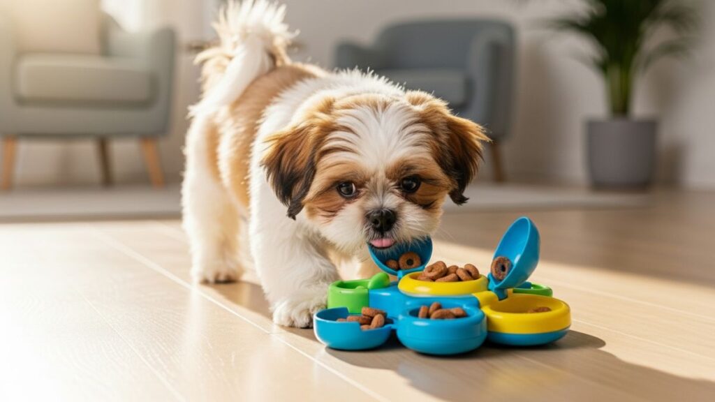 Shih Tzu segue o dono com o olhar, sentado pacientemente sobre um tapete com olhos expressivos fixos no tutor em um ambiente doméstico iluminado.