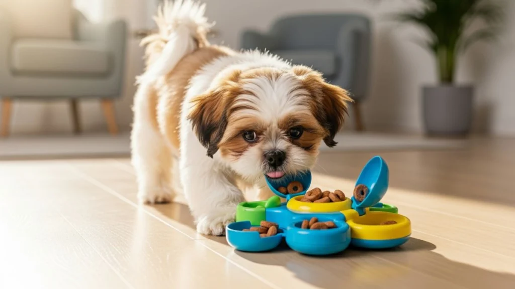 Por que o Shih Tzu segue o dono? Entenda a Síndrome da Sombra 4 Shih Tzu segue o dono com o olhar, sentado pacientemente sobre um tapete com olhos expressivos fixos no tutor em um ambiente doméstico iluminado.