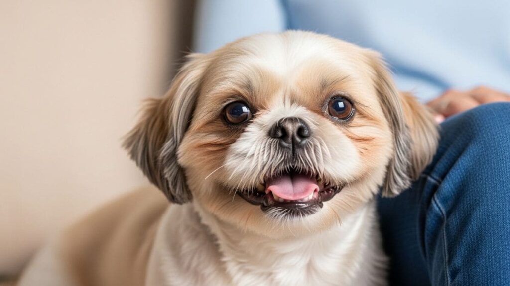 Shih Tzu segue o dono com o olhar fixo e atento, sentado de frente, com a boca aberta e a língua de fora, demonstrando alegria e conexão com o tutor em um ambiente doméstico.