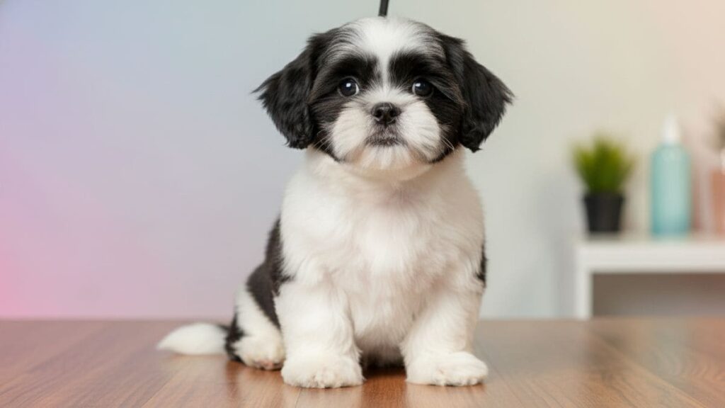 Cachorro Shih Tzu: O Guia Completo sobre a Raça em 2026 5 Filhote de cachorro Shih Tzu com tosa bebê na pelagem preta e branca sentado sobre uma mesa de madeira, apresentando manchas pretas ao redor dos olhos e orelhas caídas em um ambiente iluminado.