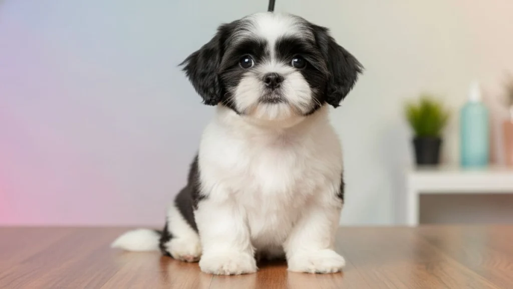 Cachorro Shih Tzu: O Guia Completo sobre a Raça em 2026 5 Filhote de cachorro Shih Tzu com tosa bebê na pelagem preta e branca sentado sobre uma mesa de madeira, apresentando manchas pretas ao redor dos olhos e orelhas caídas em um ambiente iluminado.