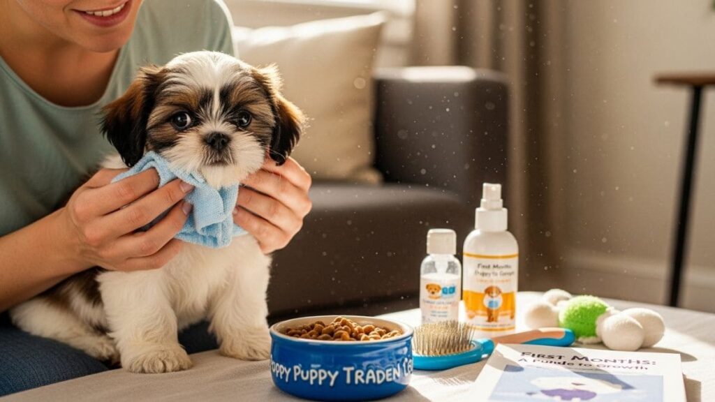 Cuidados com Shih Tzu Filhote: Guia Completo Para Criar com Saúde e Segurança 2 Close focado em um adorável Shih Tzu filhote com pelagem branca e dourada, sendo carinhosamente seco com uma toalha azul pequena pelas mãos de uma pessoa (dona). Ao lado dele, sobre uma mesa, há um kit completo para os cuidados com Shih Tzu filhote, incluindo uma tigela azul com ração seca, escovas de pentear, frascos de produtos de higiene e uma revista sobre os primeiros meses de crescimento. O ambiente é doméstico e aconchegante.
