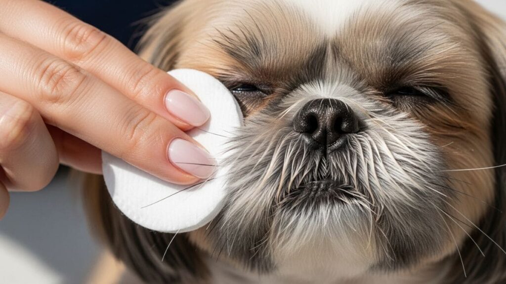 Close focado no rosto de um Shih Tzu com pelagem dourada e branca. Uma mão humana com unhas claras usa um disco de algodão branco e úmido para limpar delicadamente a área facial ao redor da boca, higienizando o bigode de Shih Tzu. O cão está com os olhos semicerrados e o focinho preto úmido está centralizado. A textura dos pelos do bigode e os fios individuais são visíveis. O fundo é neutro e desfocado.