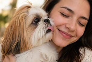 Uma mulher sorri com os olhos fechados enquanto abraça um cachorro Shih Tzu de pelagem dourada e branca. O cachorro está olhando para ela e lambendo o ar perto do rosto dela com a língua para fora. A imagem captura um momento afetuoso onde o odor da boca do cão seria mais perceptível, servindo como ilustração para o tema de mau hálito em Shih Tzu. O fundo está desfocado.