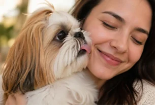 Uma mulher sorri com os olhos fechados enquanto abraça um cachorro Shih Tzu de pelagem dourada e branca. O cachorro está olhando para ela e lambendo o ar perto do rosto dela com a língua para fora. A imagem captura um momento afetuoso onde o odor da boca do cão seria mais perceptível, servindo como ilustração para o tema de mau hálito em Shih Tzu. O fundo está desfocado.