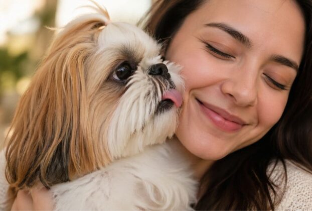 Uma mulher sorri com os olhos fechados enquanto abraça um cachorro Shih Tzu de pelagem dourada e branca. O cachorro está olhando para ela e lambendo o ar perto do rosto dela com a língua para fora. A imagem captura um momento afetuoso onde o odor da boca do cão seria mais perceptível, servindo como ilustração para o tema de mau hálito em Shih Tzu. O fundo está desfocado.