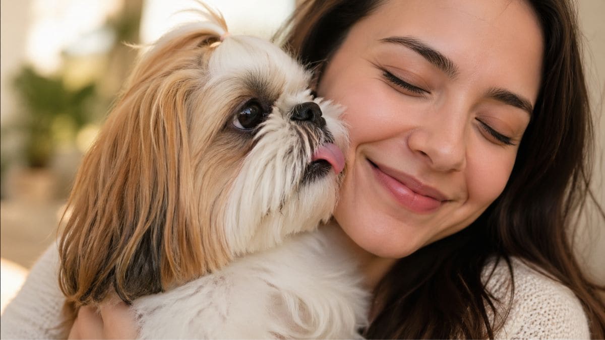 Uma mulher sorri com os olhos fechados enquanto abraça um cachorro Shih Tzu de pelagem dourada e branca. O cachorro está olhando para ela e lambendo o ar perto do rosto dela com a língua para fora. A imagem captura um momento afetuoso onde o odor da boca do cão seria mais perceptível, servindo como ilustração para o tema de mau hálito em Shih Tzu. O fundo está desfocado.