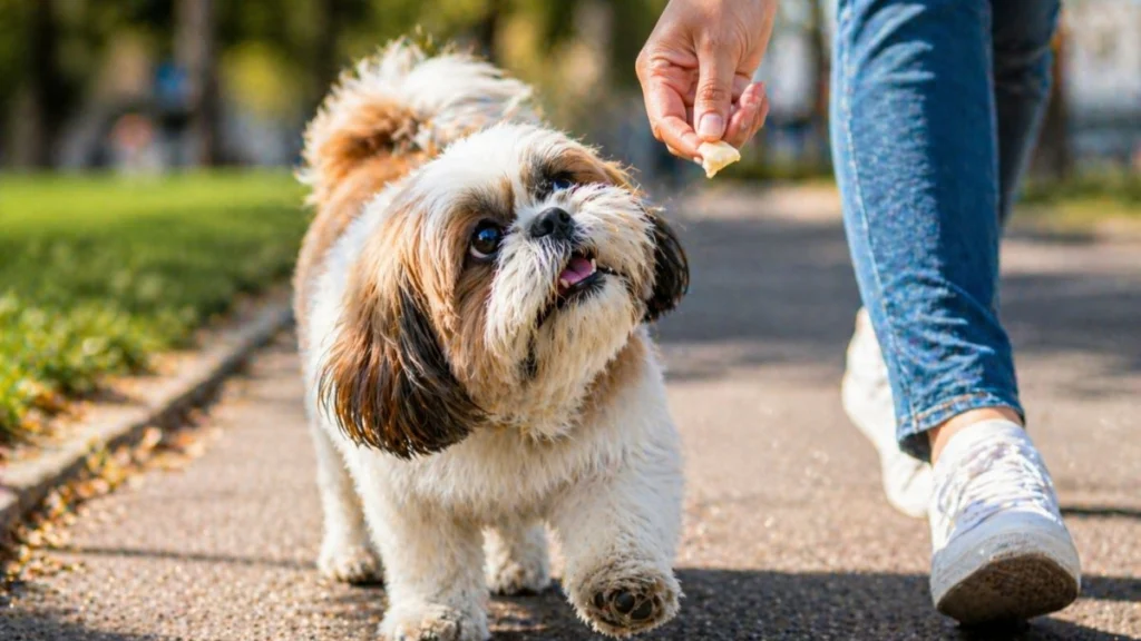 Por que seu Shih Tzu não quer andar no passeio e como resolver 3 Fotografia ao nível do chão em um parque. Um pequeno cachorro Shih Tzu com pelagem branca e marrom está em pé em um caminho pavimentado, olhando para cima com expressão de expectativa. Seus olhos estão fixos na mão de uma pessoa, que está logo acima de sua cabeça e segurando um pequeno petisco amarelo claro. A perna da pessoa, vestindo calça jeans e tênis branco, está visível ao lado direito, indicando que ela está caminhando. O fundo é um parque ensolarado e desfocado, com grama verde e árvores. A imagem ilustra uma técnica para motivar o cão quando o Shih Tzu não quer andar.