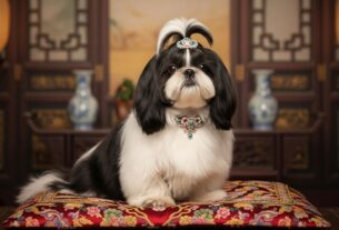 Retrato de um cachorro da raça Shih Tzu com pelagem preta e branca, sentado em uma almofada de seda bordada em um cenário de palácio oriental. Ele usa acessórios luxuosos, como uma tiara e um colar de pedrarias, representando o conteúdo de tudo sobre Shih Tzu e sua origem nobre na China Imperial.