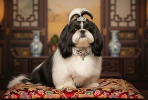 Retrato de um cachorro da raça Shih Tzu com pelagem preta e branca, sentado em uma almofada de seda bordada em um cenário de palácio oriental. Ele usa acessórios luxuosos, como uma tiara e um colar de pedrarias, representando o conteúdo de tudo sobre Shih Tzu e sua origem nobre na China Imperial.