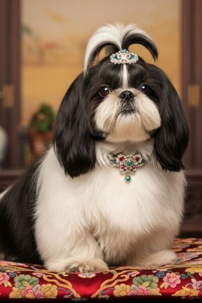 Retrato de um cachorro da raça Shih Tzu com pelagem preta e branca, sentado em uma almofada de seda bordada em um cenário de palácio oriental. Ele usa acessórios luxuosos, como uma tiara e um colar de pedrarias, representando o conteúdo de tudo sobre Shih Tzu e sua origem nobre na China Imperial.