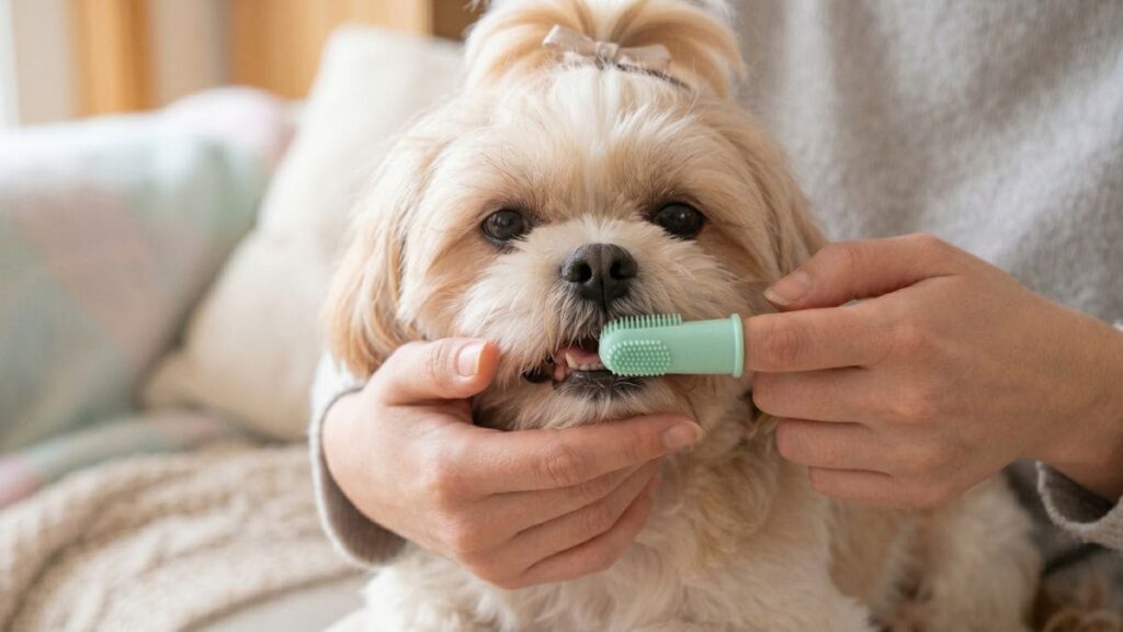 Close focado nas mãos de uma pessoa que está segurando e escovando os dentes de um cachorro Shih Tzu fêmea de pelagem dourada e branca. A pessoa usa uma dedeira de silicone verde menta com cerdas macias para limpar os dentes do cão. O Shih Tzu está olhando diretamente para a câmera. O fundo é um ambiente doméstico desfocado com sofás e tecidos. A imagem demonstra o método de escovação, crucial para evitar o mau hálito em Shih Tzu.