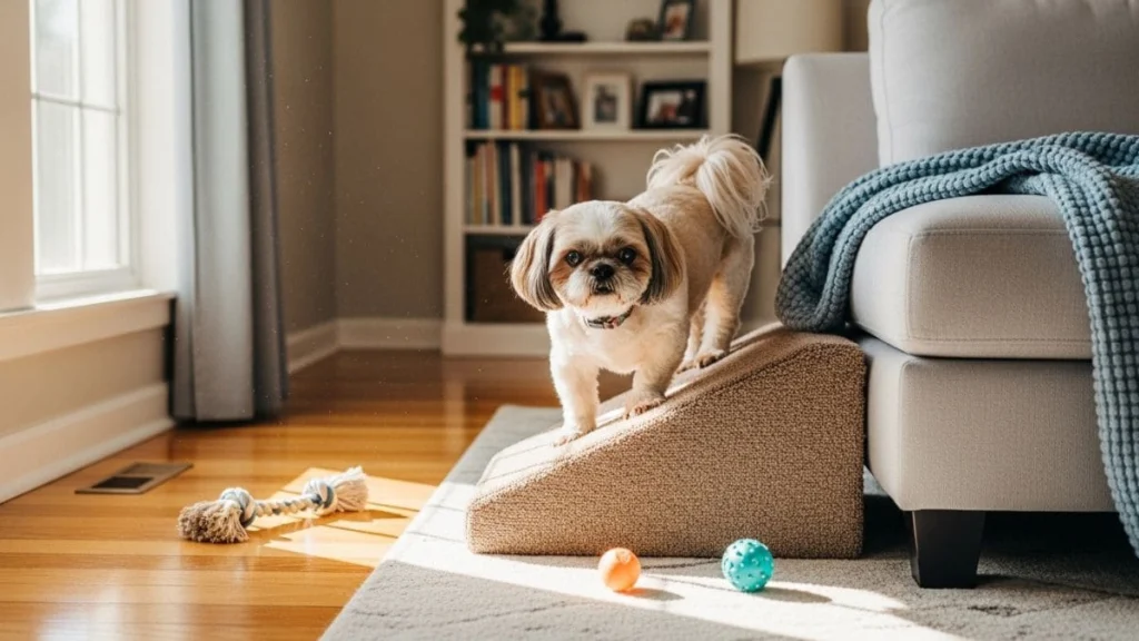 Close focado de um Shih Tzu idoso parado no topo de uma rampa de acesso acolchoada em frente a um sofá cinza em uma sala de estar. Ele olha diretamente para a câmera, com os pelos do rosto ligeiramente bagunçados, demonstrando curiosidade. Ao redor, há brinquedos no chão e luz solar natural entrando pela janela à esquerda.