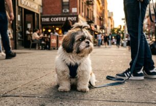 Fotografia de nível baixo de um cachorro Shih Tzu sentado teimosamente em uma calçada de concreto na cidade ao pôr do sol. O cão, que usa um peitoral azul e tem um laço no pelo, está preso a uma coleira deitada no chão ao lado das pernas de seu tutor. O tutor está parado, esperando. O Shih Tzu não quer andar e olha para longe com uma expressão firme e desinteressada. O fundo urbano com cafeterias e pedestres está desfocado.