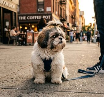 Fotografia de nível baixo de um cachorro Shih Tzu sentado teimosamente em uma calçada de concreto na cidade ao pôr do sol. O cão, que usa um peitoral azul e tem um laço no pelo, está preso a uma coleira deitada no chão ao lado das pernas de seu tutor. O tutor está parado, esperando. O Shih Tzu não quer andar e olha para longe com uma expressão firme e desinteressada. O fundo urbano com cafeterias e pedestres está desfocado.