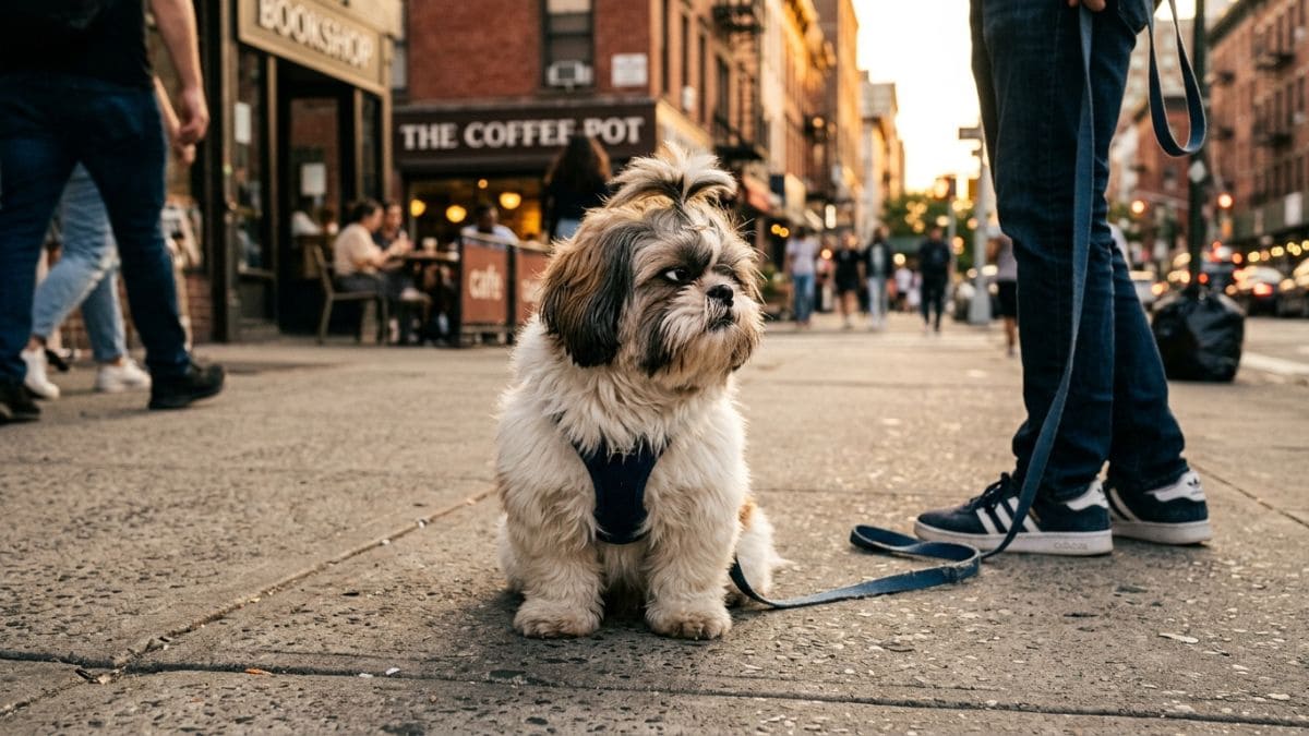 Fotografia de nível baixo de um cachorro Shih Tzu sentado teimosamente em uma calçada de concreto na cidade ao pôr do sol. O cão, que usa um peitoral azul e tem um laço no pelo, está preso a uma coleira deitada no chão ao lado das pernas de seu tutor. O tutor está parado, esperando. O Shih Tzu não quer andar e olha para longe com uma expressão firme e desinteressada. O fundo urbano com cafeterias e pedestres está desfocado.