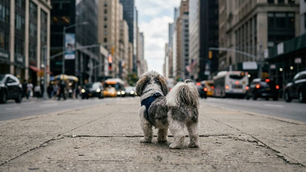 Uma fotografia de ângulo baixo, ao nível do chão, capturando as costas de um pequeno cachorro Shih Tzu em pé sobre uma calçada de concreto texturizada. O cão, com pelagem cinza e branca desgrenhada e usando um peitoral azul marinho, está parado e olha para a distância ao longo de uma ampla avenida de cidade movimentada (semelhante a Nova York). A avenida é emoldurada por arranha-céus de tijolos e vidro sob um céu parcialmente nublado. O tráfego, incluindo táxis amarelos e um ônibus, flui em ambas as direções, criando borrões de luz e movimento. Pedestres são visíveis nas calçadas distantes. A postura estática do cão no centro da cena urbana movimentada transmite a ideia de que o Shih Tzu não quer andar.