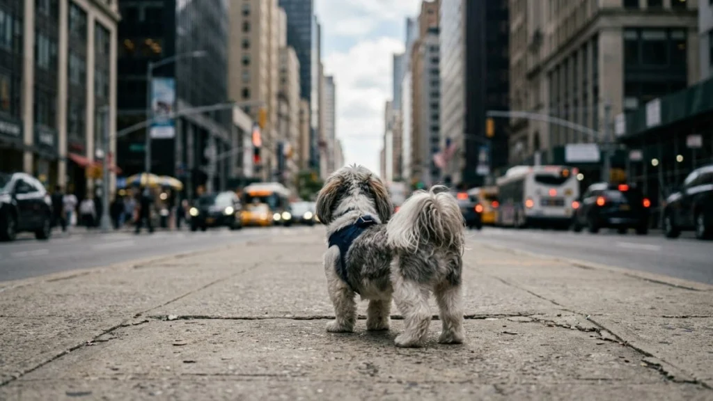 Por que seu Shih Tzu não quer andar no passeio e como resolver 2 Uma fotografia de ângulo baixo, ao nível do chão, capturando as costas de um pequeno cachorro Shih Tzu em pé sobre uma calçada de concreto texturizada. O cão, com pelagem cinza e branca desgrenhada e usando um peitoral azul marinho, está parado e olha para a distância ao longo de uma ampla avenida de cidade movimentada (semelhante a Nova York). A avenida é emoldurada por arranha-céus de tijolos e vidro sob um céu parcialmente nublado. O tráfego, incluindo táxis amarelos e um ônibus, flui em ambas as direções, criando borrões de luz e movimento. Pedestres são visíveis nas calçadas distantes. A postura estática do cão no centro da cena urbana movimentada transmite a ideia de que o Shih Tzu não quer andar.