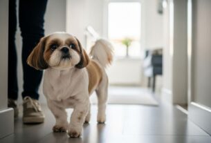 Shih Tzu caminhando dentro de casa seguindo seu dono pelo corredor