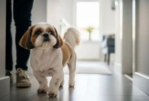 Shih Tzu caminhando dentro de casa seguindo seu dono pelo corredor