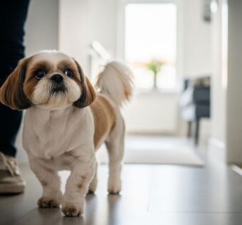 Shih Tzu caminhando dentro de casa seguindo seu dono pelo corredor