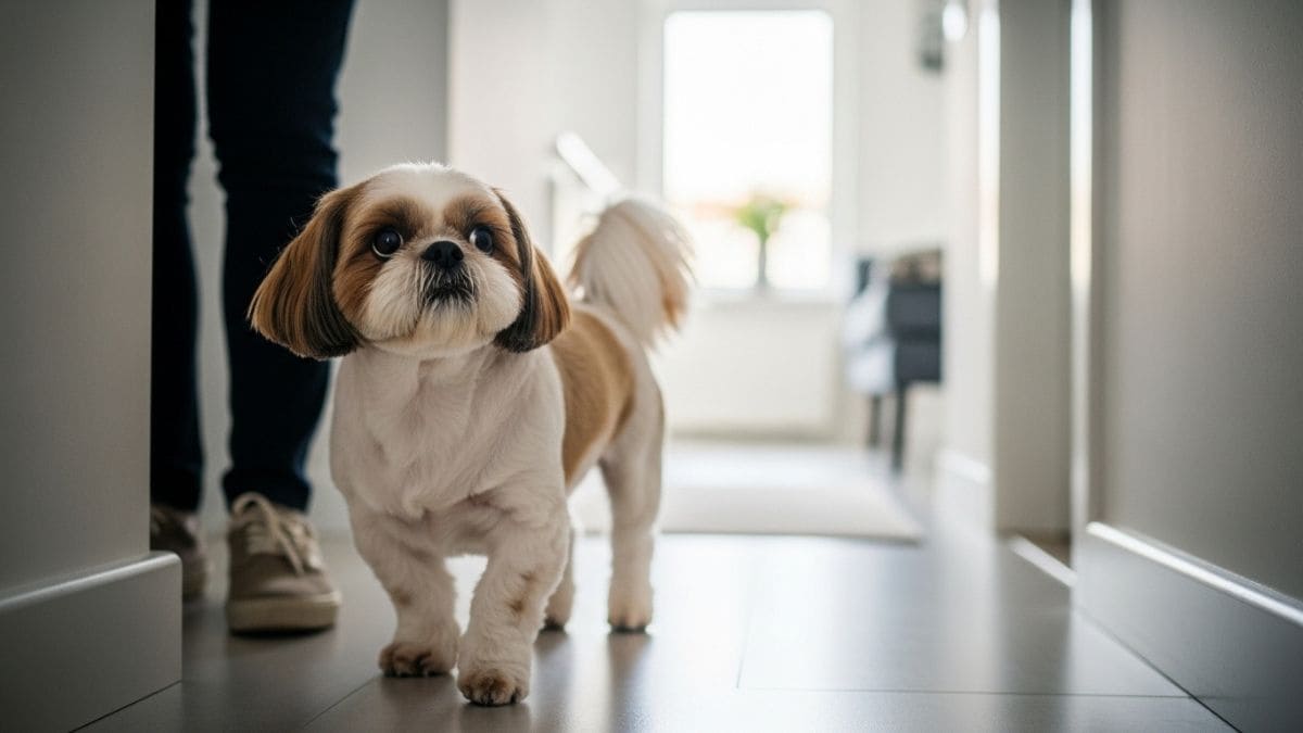 Shih Tzu caminhando dentro de casa seguindo seu dono pelo corredor