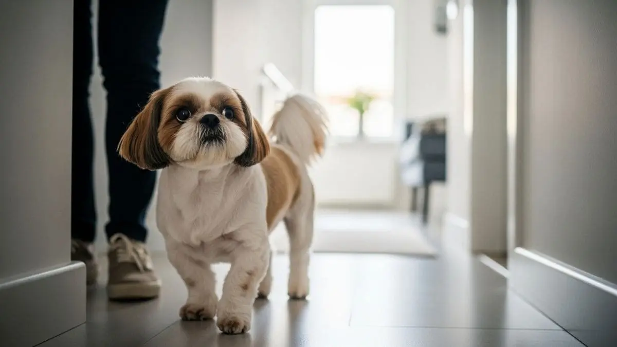 Por que o Shih Tzu segue o dono? Entenda a Síndrome da Sombra 1 Shih Tzu caminhando dentro de casa seguindo seu dono pelo corredor