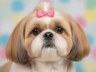 Close focado no rosto de um Shih Tzu com pelagem dourada e branca impecavelmente tosada. O cão exibe olhos castanhos expressivos, o característico focinho preto e, com grande destaque, o bigode de Shih Tzu e barba aparados com precisão e limpos, emoldurando a face inferior. Um pequeno laço rosa adorna o topete. O fundo é suavemente desfocado com bolinhas coloridas (azul, rosa, amarelo).