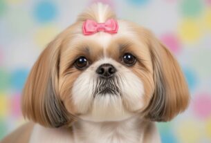 Close focado no rosto de um Shih Tzu com pelagem dourada e branca impecavelmente tosada. O cão exibe olhos castanhos expressivos, o característico focinho preto e, com grande destaque, o bigode de Shih Tzu e barba aparados com precisão e limpos, emoldurando a face inferior. Um pequeno laço rosa adorna o topete. O fundo é suavemente desfocado com bolinhas coloridas (azul, rosa, amarelo).
