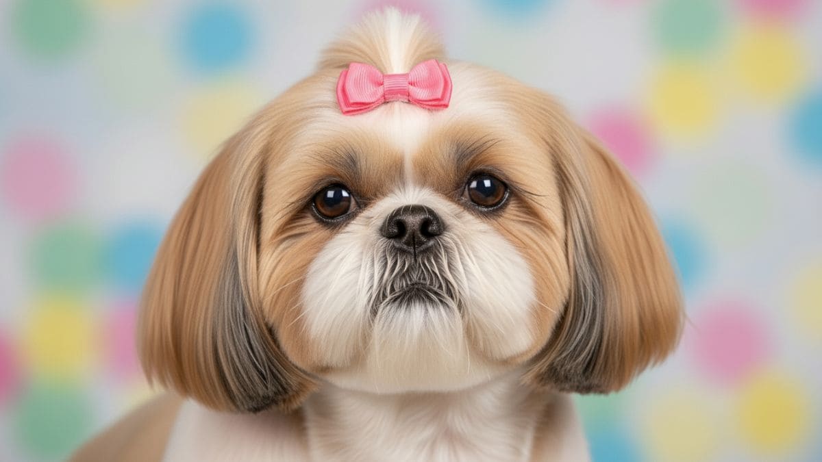 Close focado no rosto de um Shih Tzu com pelagem dourada e branca impecavelmente tosada. O cão exibe olhos castanhos expressivos, o característico focinho preto e, com grande destaque, o bigode de Shih Tzu e barba aparados com precisão e limpos, emoldurando a face inferior. Um pequeno laço rosa adorna o topete. O fundo é suavemente desfocado com bolinhas coloridas (azul, rosa, amarelo).