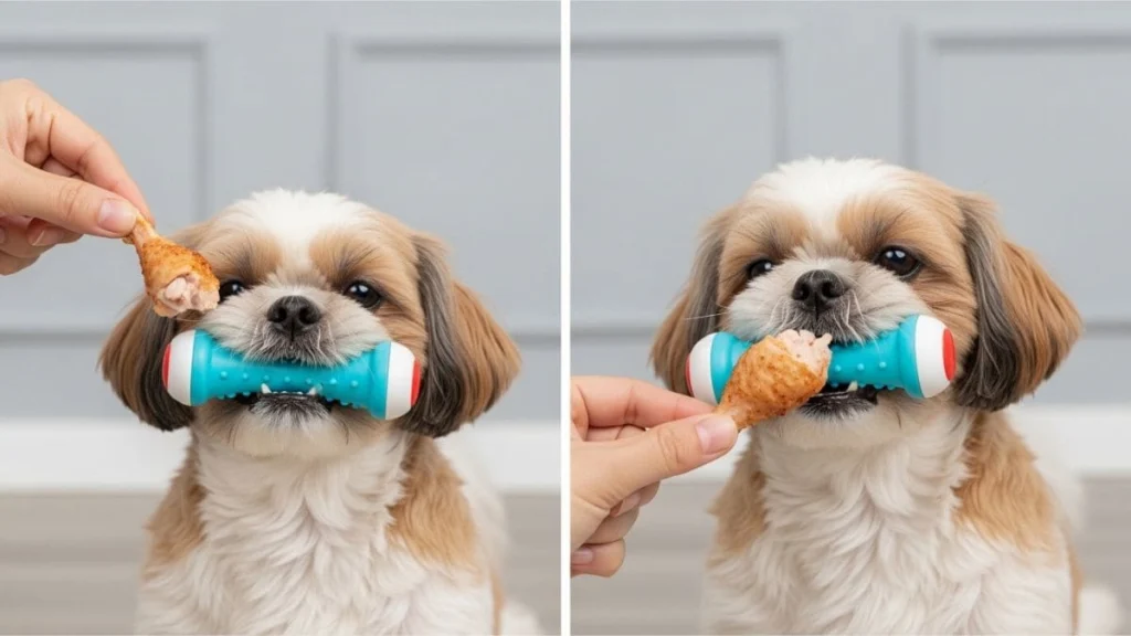 Uma imagem composta por duas fotos de um Shih Tzu rosnando para o dono de forma simulada durante um exercício de treinamento. O cão segura um osso de brinquedo azul na boca e olha atentamente para a coxa de frango que está sendo segurada na mão do dono, demonstrando uma expressão intensa de posse e foco no recurso, mas sem agressividade real. O fundo é cinza claro.