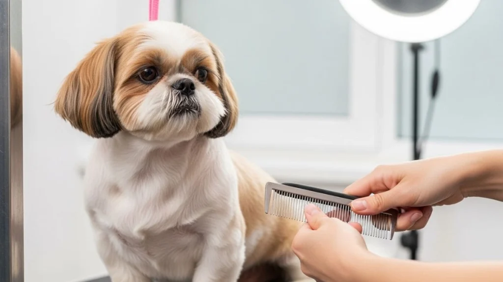 Uma imagem simulada de um Shih Tzu rosnando para o dono em uma mesa de banho e tosa. O cão, de pelagem branca e dourada e expressão intensa, está posicionado em frente a uma pessoa que segura um pente de aço, simulando uma reação de aversão ou posse de recurso durante o treinamento comportamental. Uma ring light acesa está visível ao fundo.