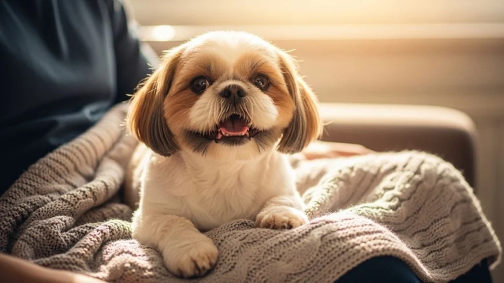Shih Tzu rosnando para o dono enquanto está no colo em ambiente doméstico