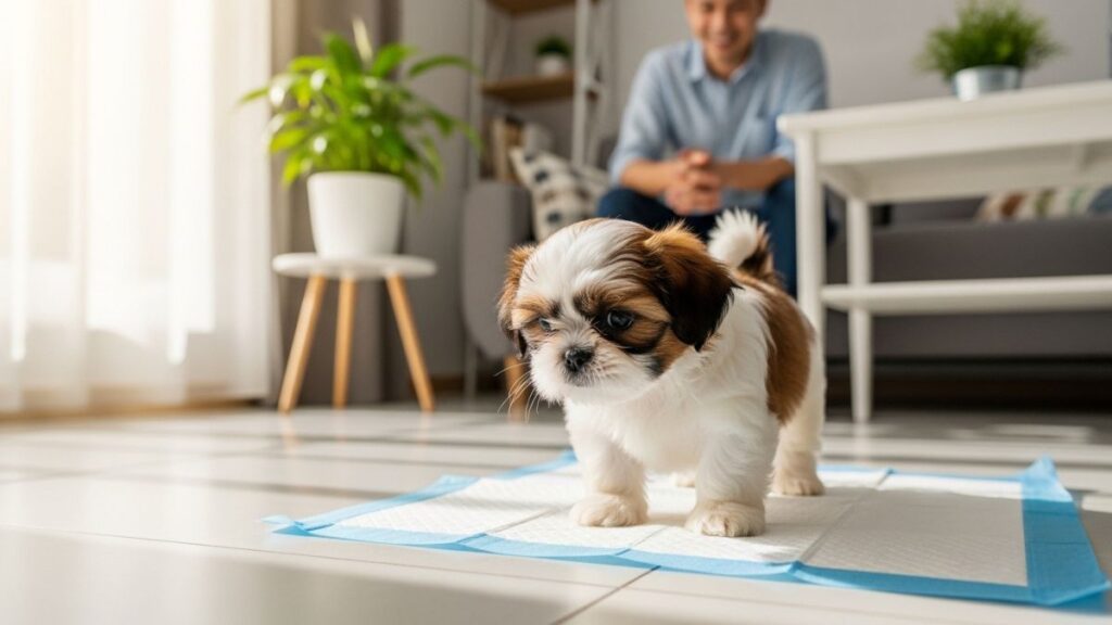 Cuidados com Shih Tzu Filhote: Guia Completo Para Criar com Saúde e Segurança 4 Close focado em um adorável filhote de Shih Tzu com pelagem branca e dourada, em pé sobre um tapete higiênico descartável com borda azul. O filhote olha para baixo, atento, enquanto um homem (tutor) sorri em segundo plano, observando-o em uma sala de estar bem iluminada com plantas. A cena foca nos cuidados com Shih Tzu filhote relacionados à higiene doméstica.