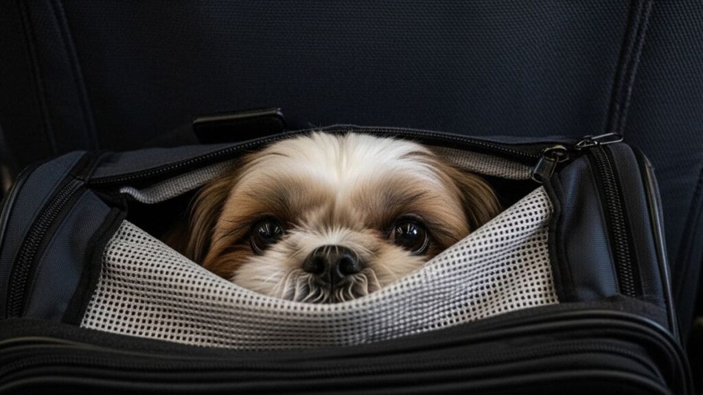 Viajar com Shih Tzu de avião em bolsa de transporte confortável dentro da cabine