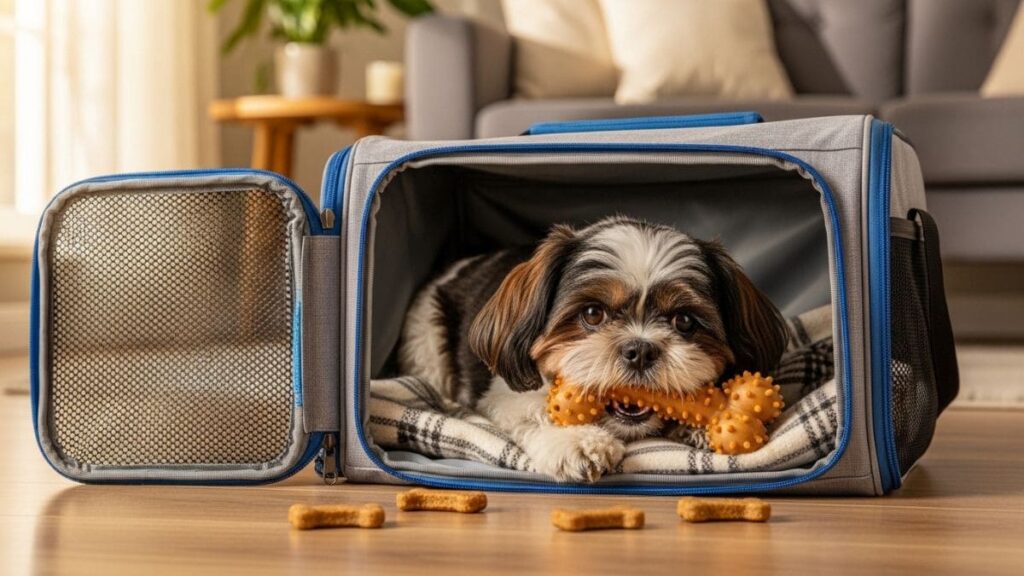 Viajar com Shih Tzu de avião em bolsa de transporte confortável com brinquedo e pet relaxado