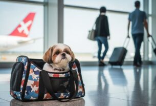 Viajar com Shih Tzu de avião em bolsa de transporte dentro do aeroporto