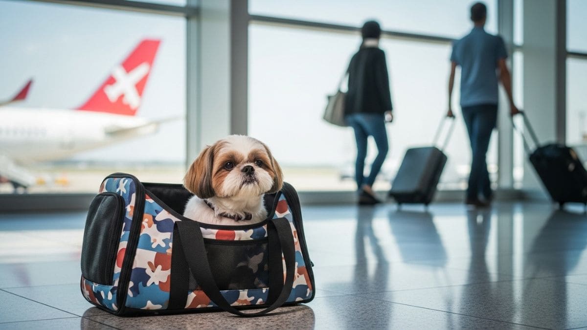 Viajar com Shih Tzu de avião em bolsa de transporte dentro do aeroporto