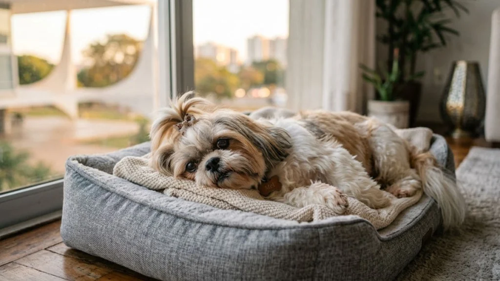 Um cão da raça Shih Tzu deitado de lado em uma caminha cinza acolhedora perto de uma janela de vidro, com um olhar melancólico, ilustrando o tédio relacionado à coprofagia em Shih Tzu.