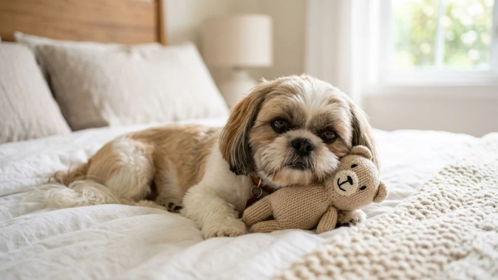 Os mais aconchegantes Brinquedos para Shih Tzu incluem pelúcias macias, como mostra este cãozinho Shih Tzu deitado em uma cama aconchegante, apoiando a cabeça sobre um ursinho de tricô bege.