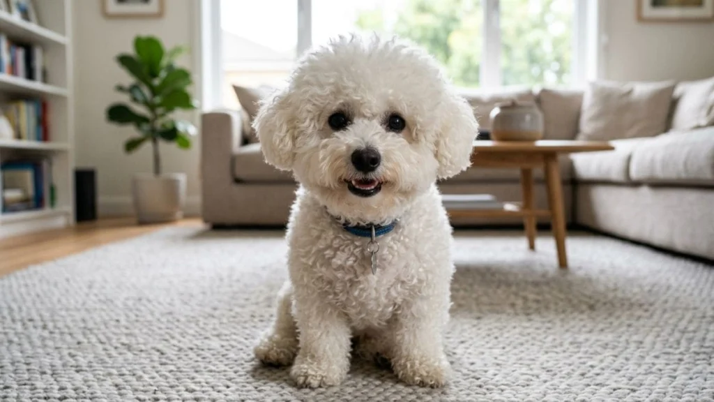 12 Raças de cachorro pequeno para apartamento: Guia real para sua escolha 11 Um cão da raça Bichon Frisé, com pelagem branca, macia e encaracolada, sentado no centro de uma sala de estar sobre um tapete cinza. Ele olha para a câmera com uma expressão alegre, representando as raças de cachorro pequeno.