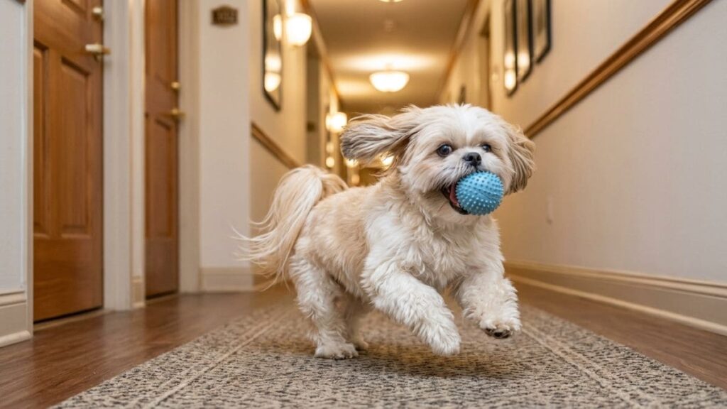 Os mais dinâmicos Brinquedos para Shih Tzu estimulam o gasto de energia, como mostra este cão Shih Tzu alegre correndo pelo corredor de casa com uma bolinha azul texturizada na boca.