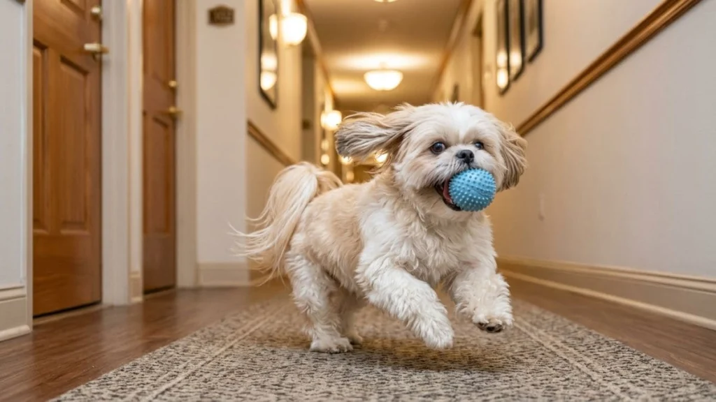 Os mais dinâmicos Brinquedos para Shih Tzu estimulam o gasto de energia, como mostra este cão Shih Tzu alegre correndo pelo corredor de casa com uma bolinha azul texturizada na boca.
