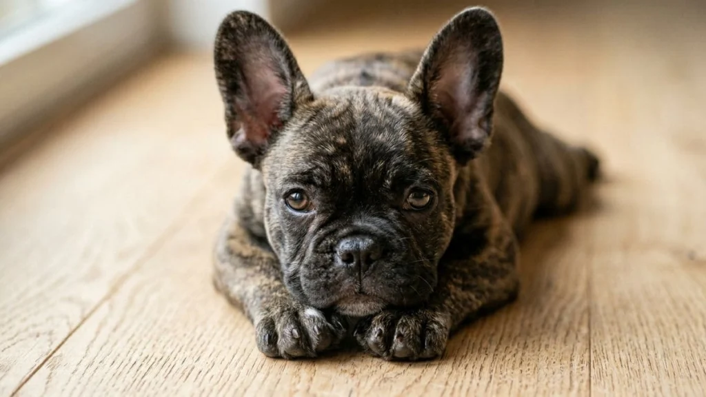 12 Raças de cachorro pequeno para apartamento: Guia real para sua escolha 5 Um filhote de Buldogue Francês com pelagem tigrada (brindle) deitado em um piso de madeira clara. O cão está com as patas dianteiras esticadas e olha atentamente para a câmera com suas orelhas de "morcego" eretas.