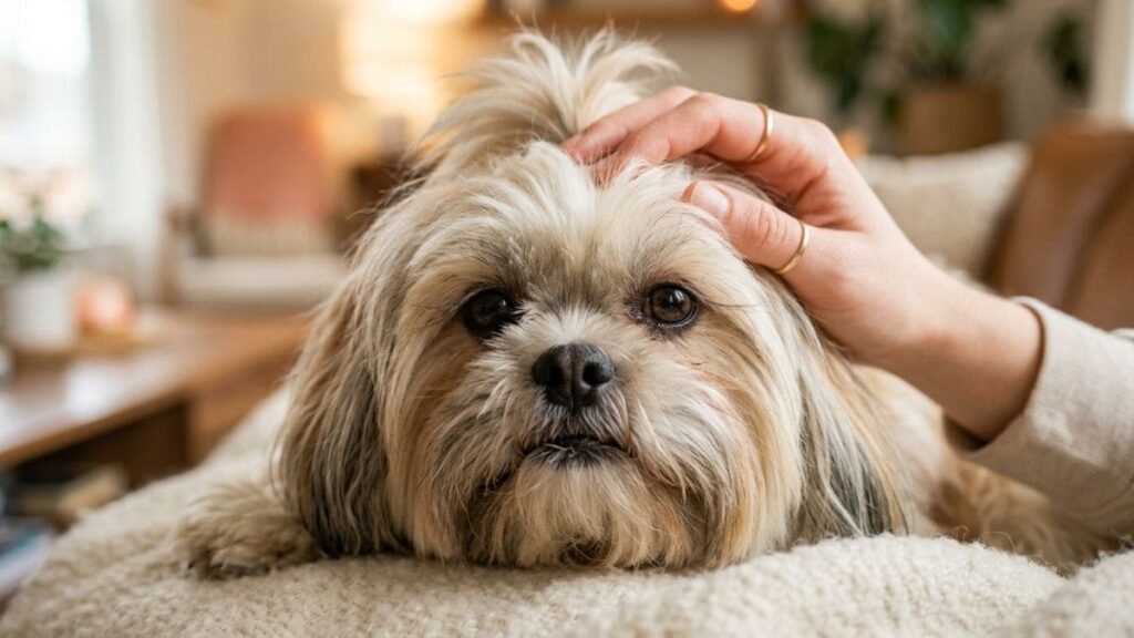 Um Shih Tzu filhote de pelagem clara deitado confortavelmente, recebendo um carinho suave na cabeça de uma mão humana com anéis.