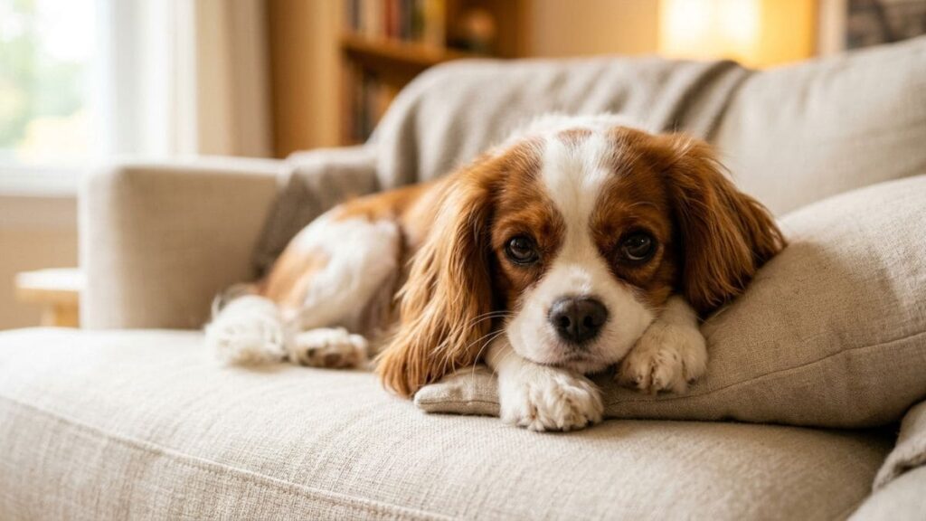Um cachorro da raça Cavalier King Charles Spaniel deitado em um sofá, representando a docilidade das raças de cachorro pequeno.