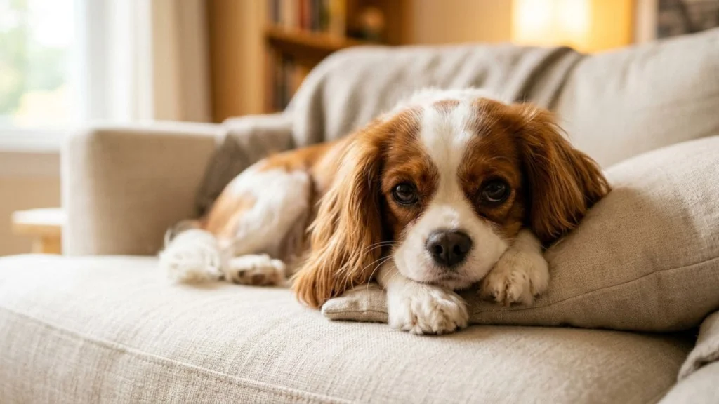 12 Raças de cachorro pequeno para apartamento: Guia real para sua escolha 8 Um cachorro da raça Cavalier King Charles Spaniel deitado em um sofá, representando a docilidade das raças de cachorro pequeno.